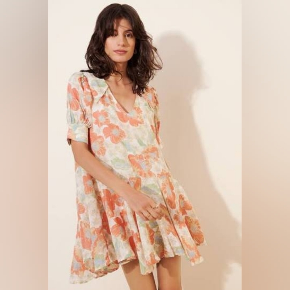 Free People Moon Chaser Mini Dress Women's Large Boho Bohemian Collared Swing